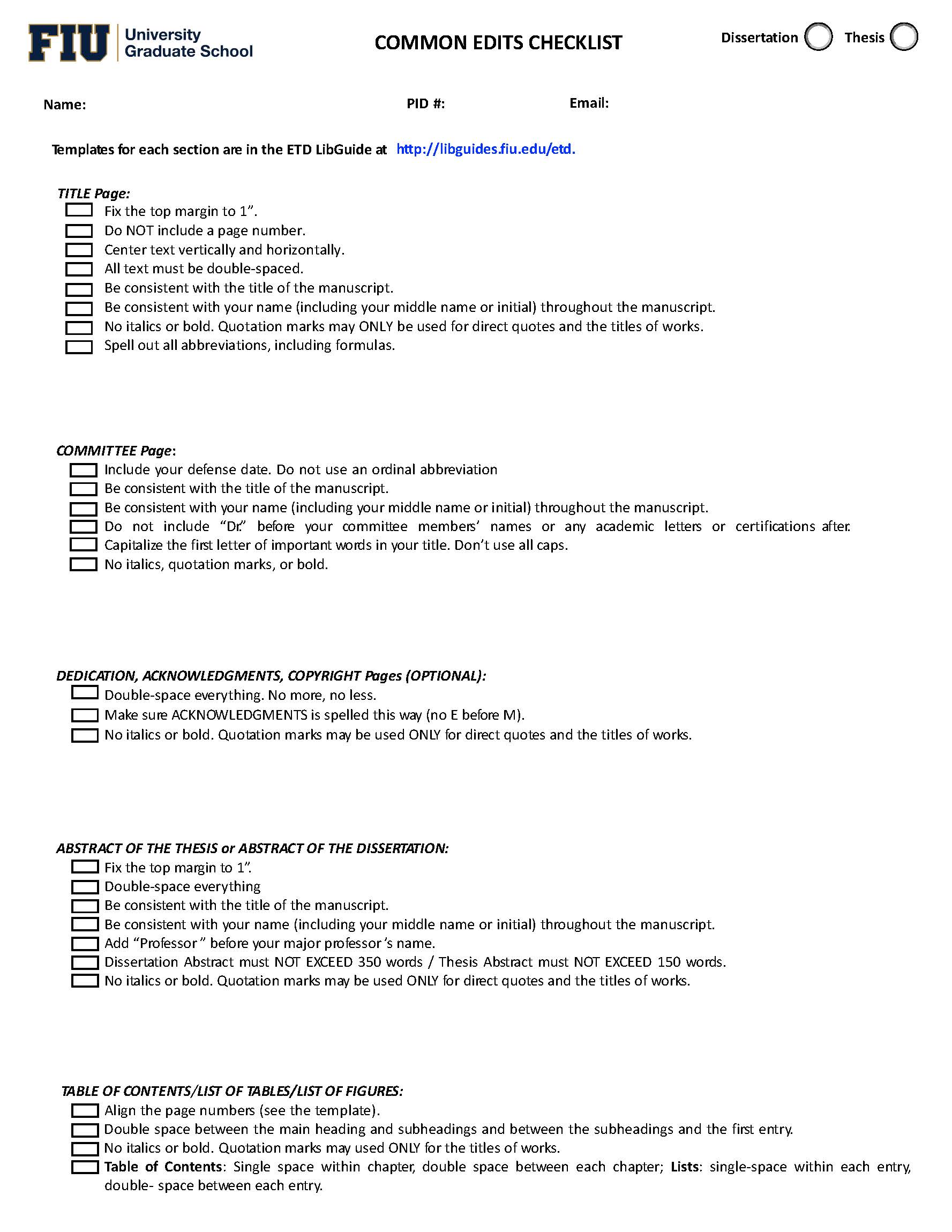 dissertation checklist uk